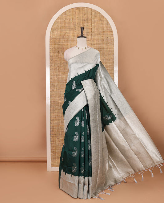 Bottle green silver zari manga buttas Elite soft silk saree, contrast traditional zari border, intricate zari pallu & contrast zari buttas blouse