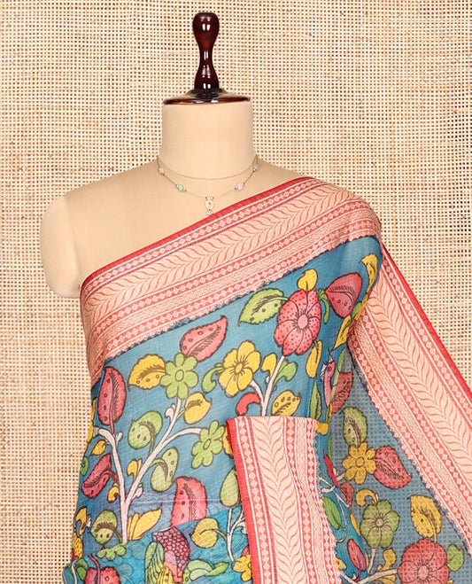 Blue Kalamkari Silk Saree, Bedecked with Floral Vine Print, a Contrast Traditional Border, Pallu of Radha Krishna and Gopis, and a Contrast Blouse