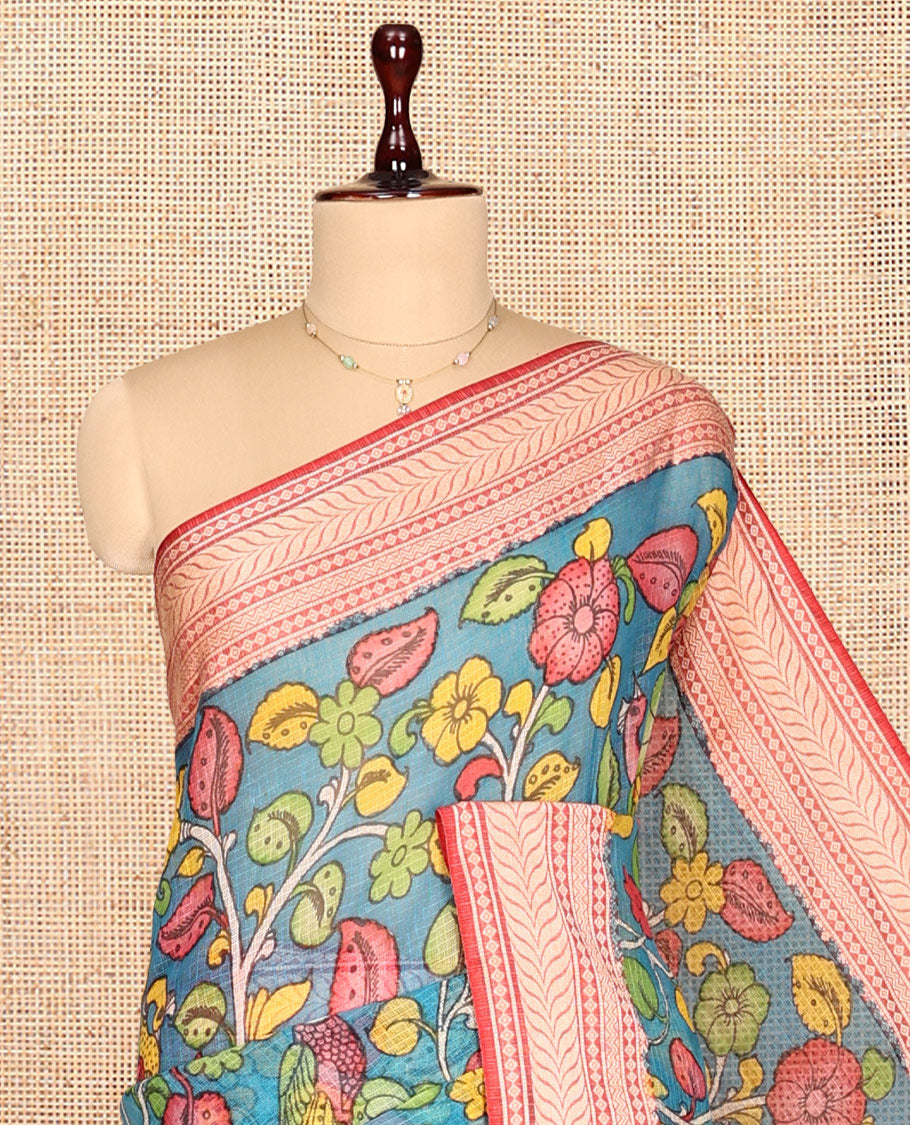 Blue Kalamkari Silk Saree, Bedecked with Floral Vine Print, a Contrast Traditional Border, Pallu of Radha Krishna and Gopis, and a Contrast Blouse
