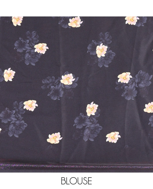 Black Satin Crepe Saree Beautified with Big Aesthetic Floral Motifs Printed All Over the Saree, Zari Border, and Paired with a Matching Floral Printed Blouse