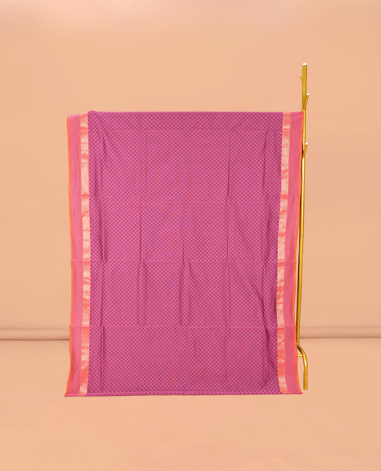 Pink Checked Poly Cotton Saree, Complemented by a Contrast Zari Border, Contrast Striped Pallu, and Paired with a Contrast Blouse