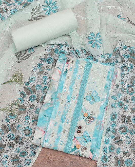 Chikku-Blue Cotton Material Churidar Set Features Floral Print and Neck Patch Top, Contrast Bottom, and Print-Embroidered Dupatta
