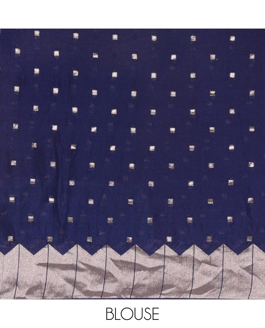 Navy blue zari geometric fancy crepe saree, temple zari border, zari striped pallu, and a matching buttas woven blouse