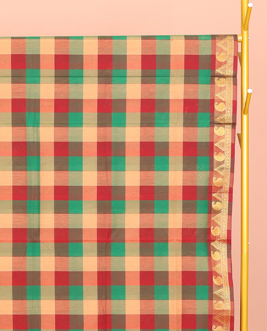 Multi-Color Chettinad Cotton Saree, Decked Up with Checks, Highlighted by Traditional Paisley-Temple Border, Striped Pallu, and No Blouse