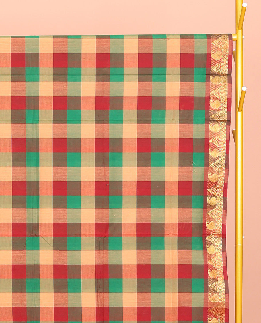 Multi-Color Chettinad Cotton Saree, Decked Up with Checks, Highlighted by Traditional Paisley-Temple Border, Striped Pallu, and No Blouse