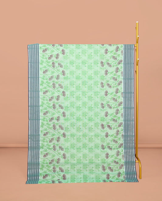 Mint Green Chirala Cotton Saree, Decked Up with Swan and Floral Print, Contrast Striped Border, Floral Printed Pallu, and a Matching Blouse