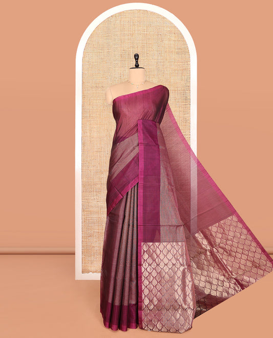 Borderless Purple Silk Cotton Saree, Subtly Sparkled with Checks, a Pallu of Intricate Designs, and Matching Blouse