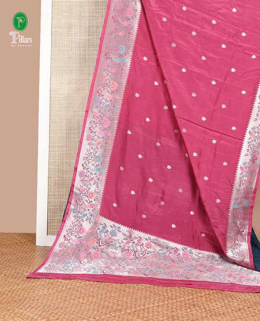 Pink pathick style design dola silk saree with parrot design border & pathick style pallu along with contrast blouse