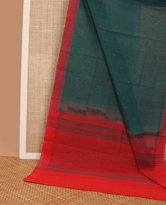 Bottle green geometric design coimbatore cotton saree with contrast striped border & striped, motifs pallu
