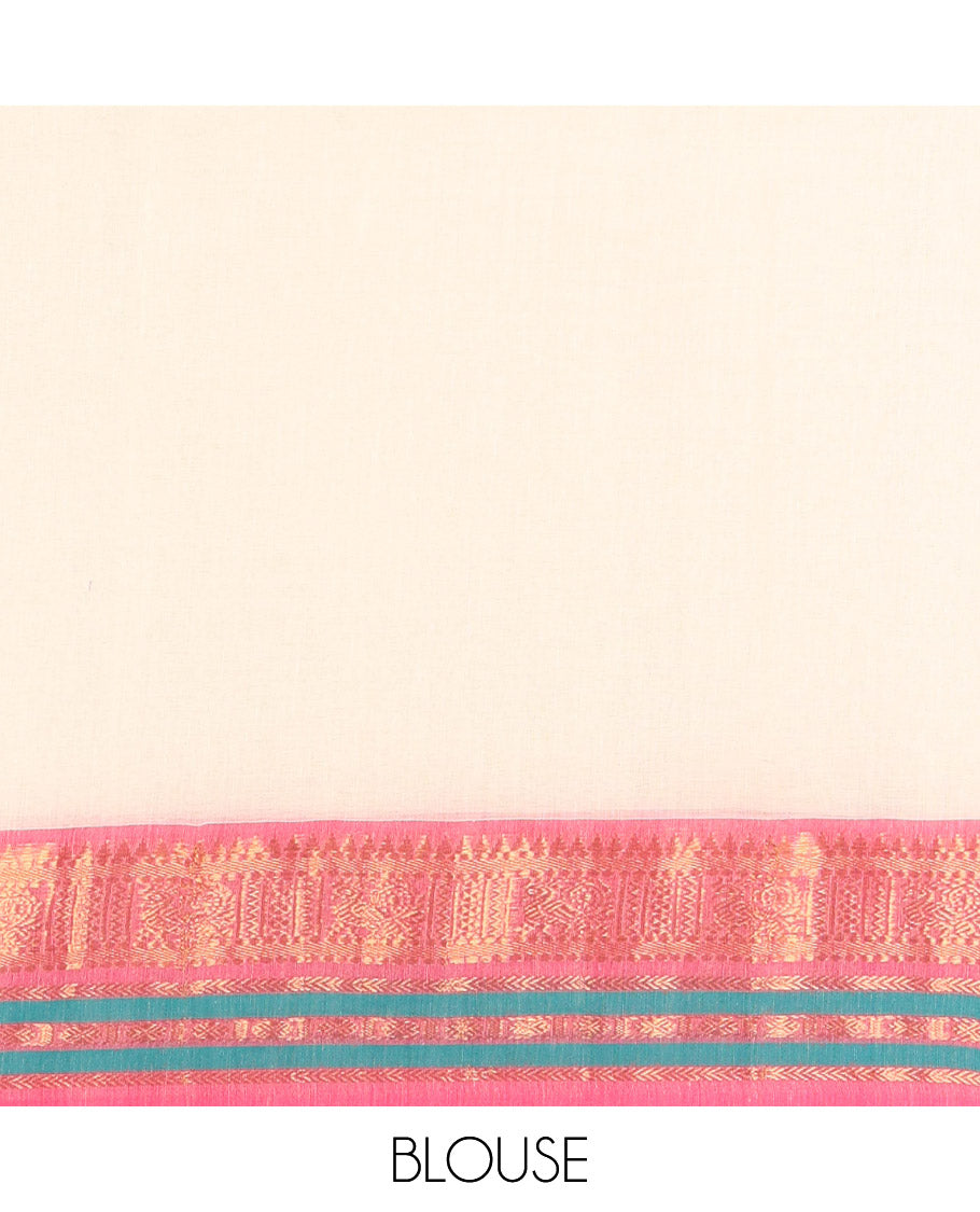 Cream Plain Khadi Mul Cotton Saree, Complemented by a Contrast Traditional Zari Design Border, a Self-Pallu, and Paired with a Matching Blouse