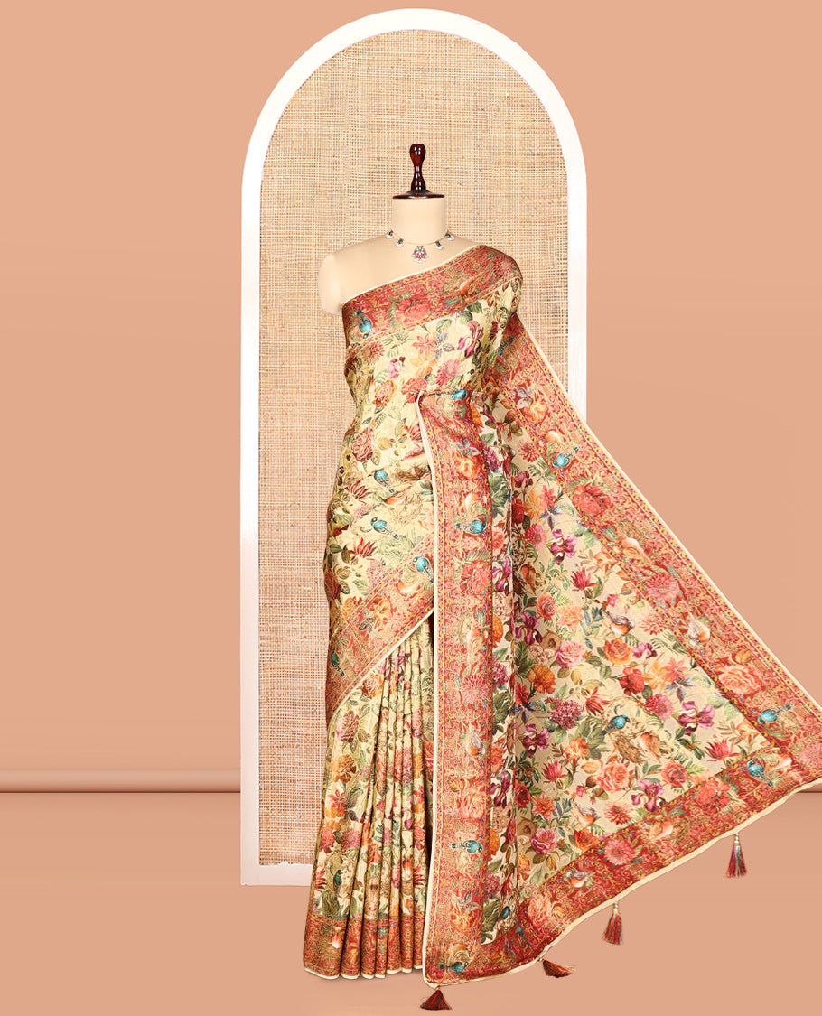 Off-White Tropical Floral Russian Dola Tissue Saree, Contrast Floral-Bird Border, and a Contrast Blouse