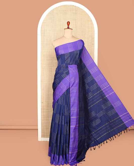 Blue Aarani Silk Saree, Masterfully Woven with Muthu Stripes on Its Body, Complemented by a Contrast Zari Striped Border, Striped Pallu, and Paired with a Matching Blouse