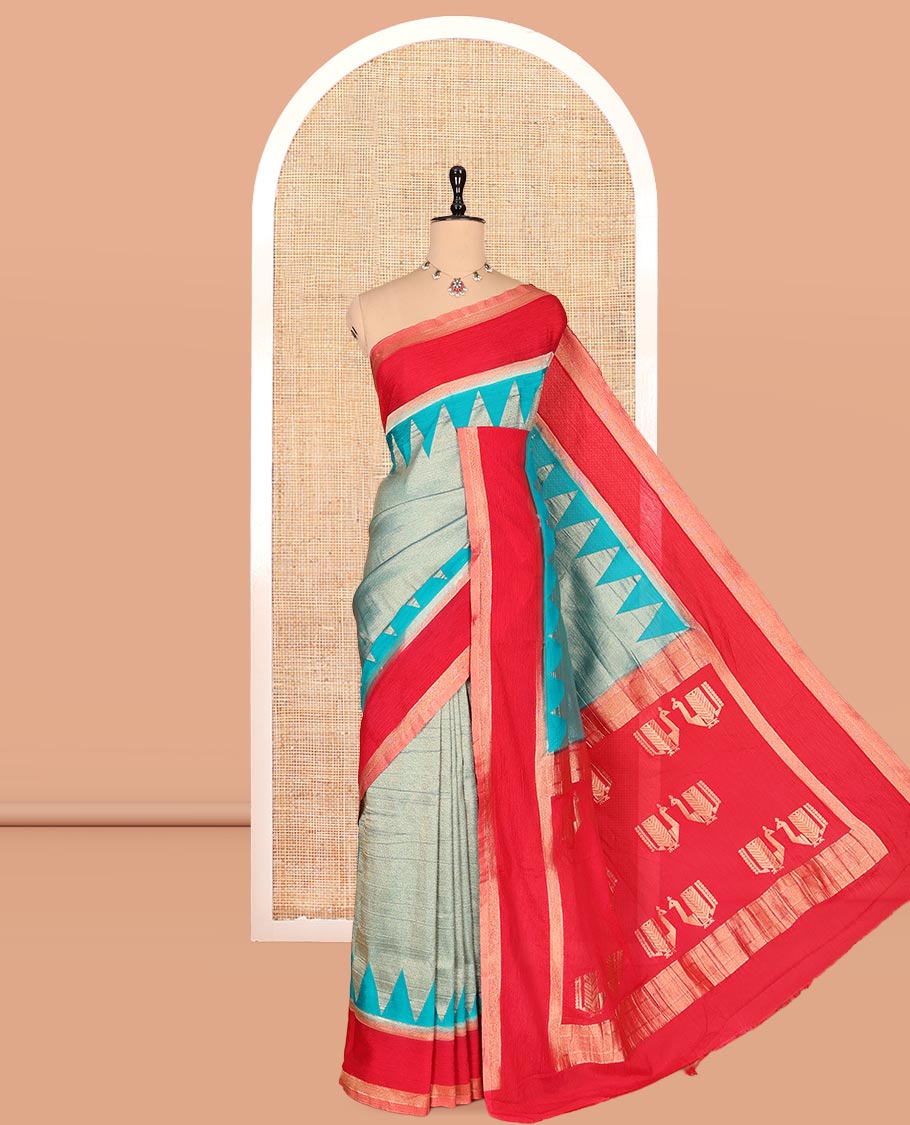 Rama Blue Wrinkle Crepe Saree, Contrast Temple Border, Peacock Pallu, and a Contrast Blouse