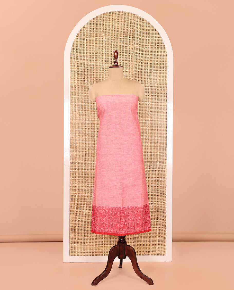 Red Handloom Material Chudidar, Peacock-Chakram Motifs-Threaded Top, a Contrast Plain Bottom, and a Contrast Dupatta