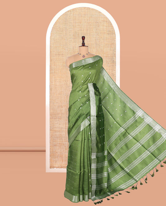 Green Banana Pith Saree, Adorned with Buttas, a Zari Border, Striped Pallu, and Matching Blouse