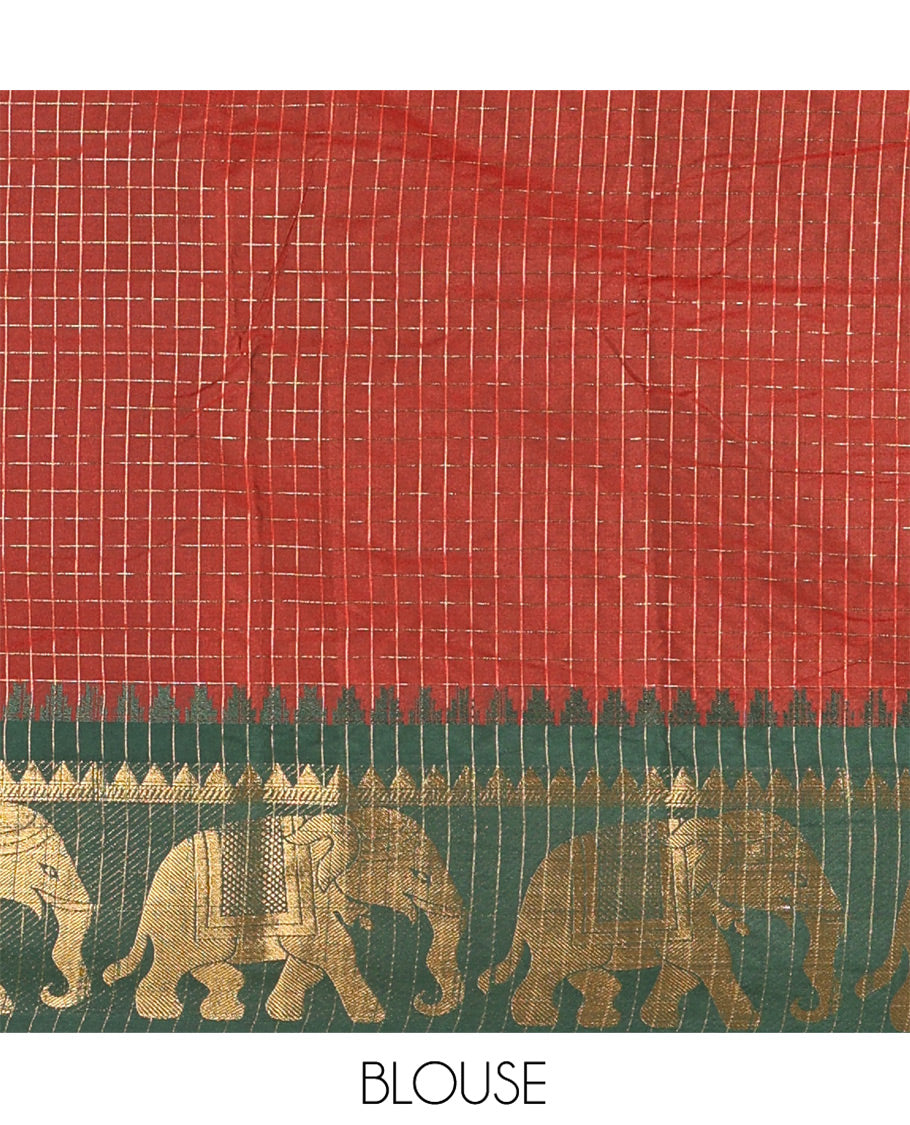 Red Semi-Taffeta Saree, Enthralled with Medium-Zari Checks All Over Its Body, Complemented by Contrast Temple Border Featuring Elephant Motifs, Contrast Checked Pallu, and Paired with a Matching Blouse