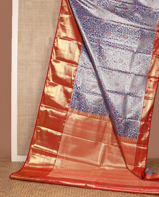 Blue floral jaal jacquard budget silk saree, contrast traditional zari border, and jaal pallu
