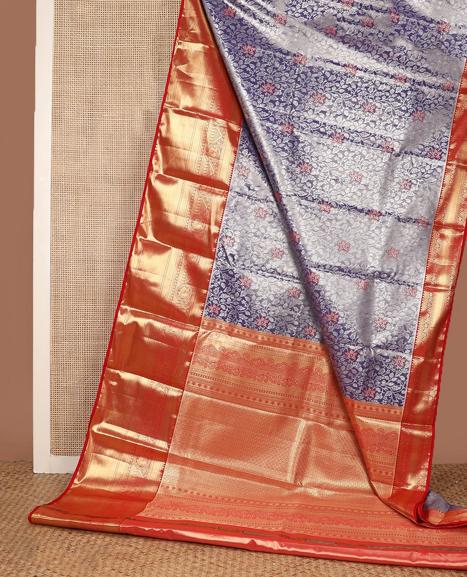 Blue floral jaal jacquard budget silk saree, contrast traditional zari border, and jaal pallu