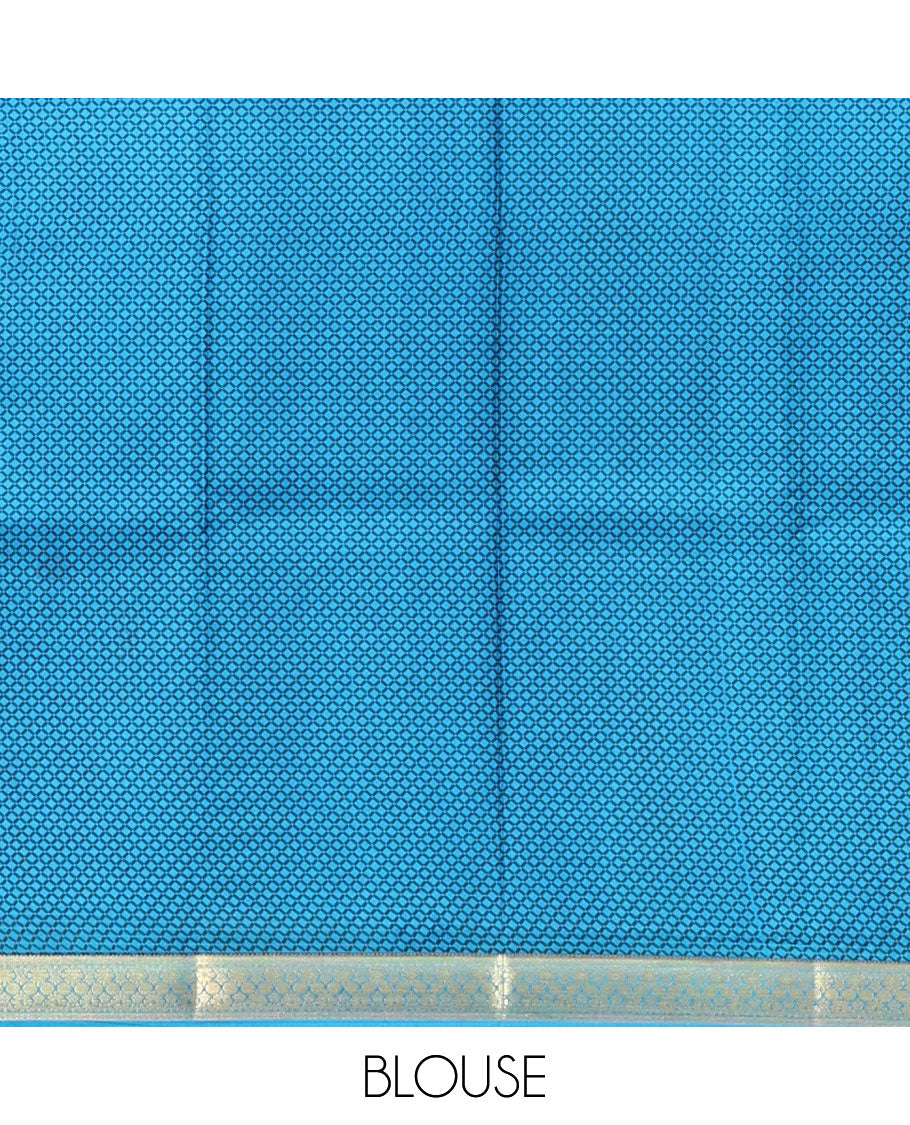 Blue Printed Silk Saree Features an Intricate Design, a Traditional Zari Border, an Intricate Pallu, and Matching Blouse