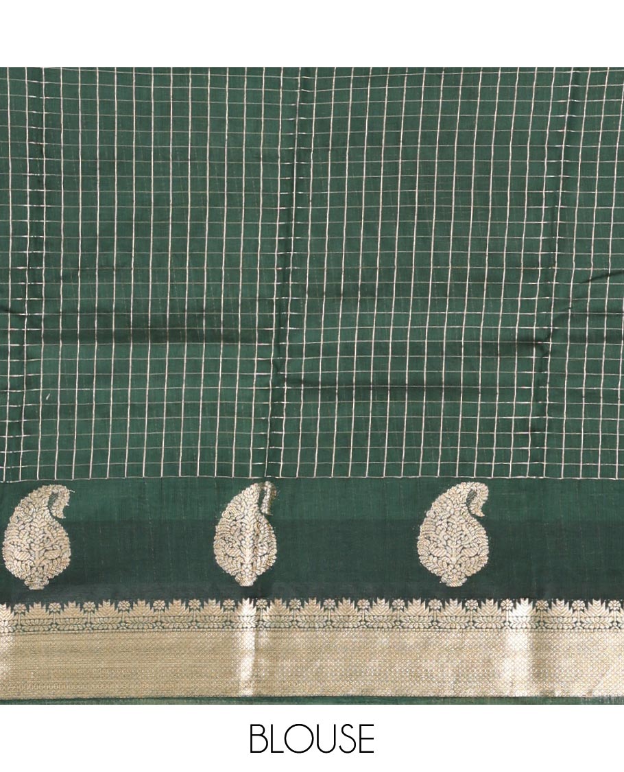 Yellow Assam Silk Saree, Sparsely Woven with Checks, Complemented by a Contrast Traditional Paisley Zari Border, Zari Striped Pallu, and a Contrast Blouse