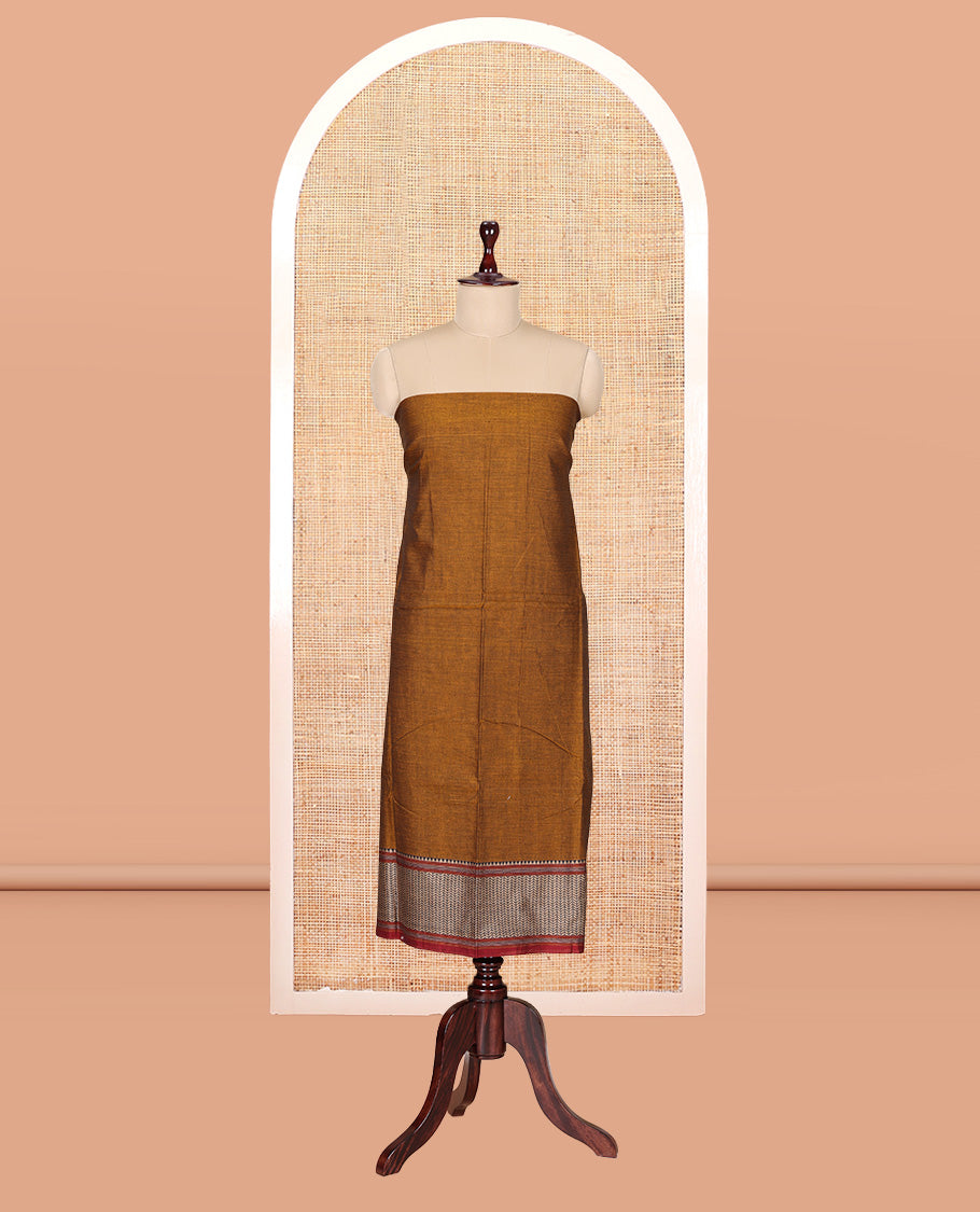 Mustard Mercerised Cotton Material Churidar Features Plain Top, Contrast Traditional Thread Border, Plain Bottom, Matching Dupatta