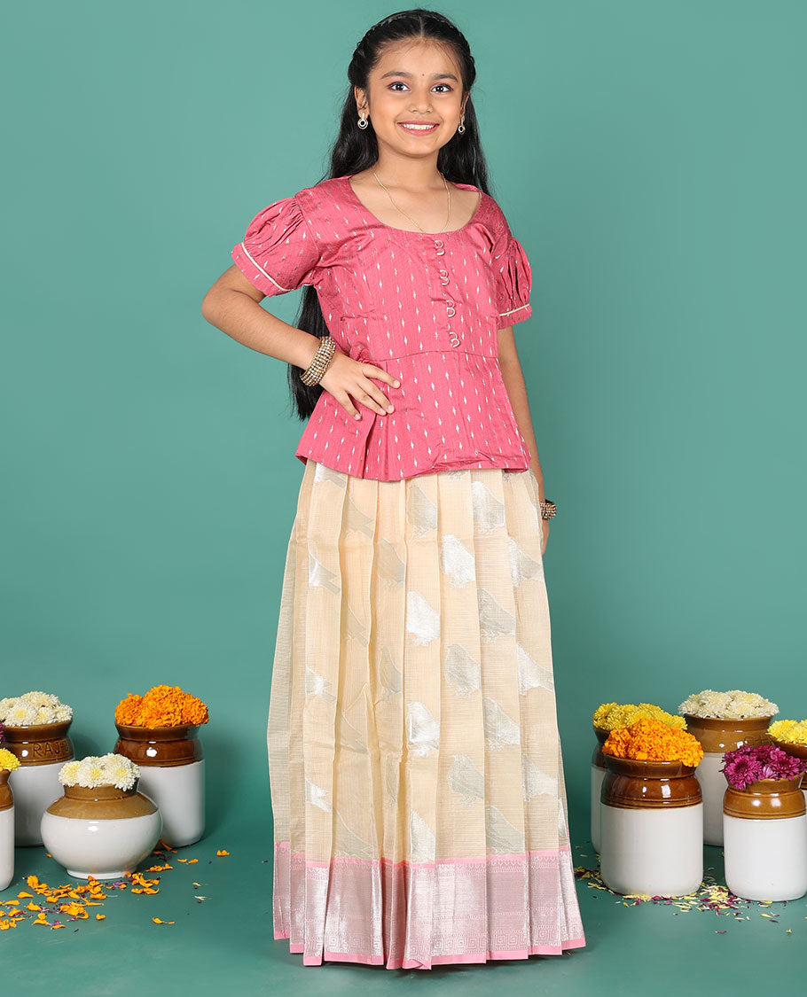 Sandal readymade art silk pavadai, sparrow buttas & contrast traditional border skirt, & contrast buttas round neck puff-sleeve blouse