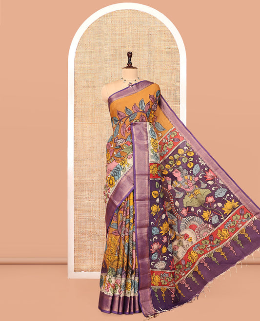 Orange Kalamkari Printed Semi-Banarasi Tussar Saree, Mesmerized with Flora-Fauna Motifs, Contrast Traditional Border, God Motifs Printed Pallu, and a Contrast Blouse