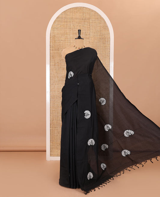 Borderless black peacock motifs patch embroidered South cotton saree with a plain blouse and a contrast paisleys printed blouse