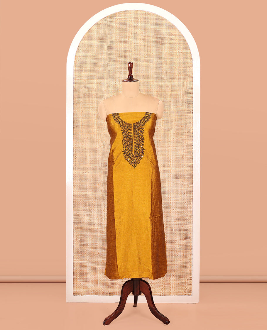 Mustard Vichitra Silk Material Chudidar Set, Finely Crafted with Thread Embroidery Top, Matching Bottom, and Thread Work Dupatta