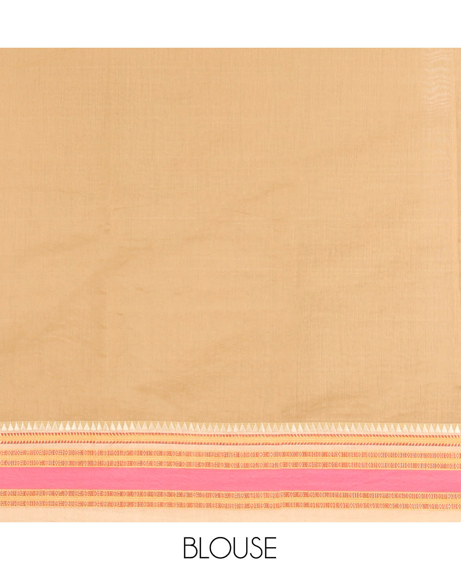 Chikku Plain Mercerised Cotton Saree, Complemented by Contrast Traditional Border, Striped Pallu, and a Matching Blouse