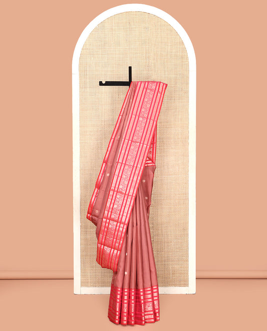Pale Brown Vasundhara Silk Saree, Adorned with Zari Buttas All Over Its Body Complemented by Contrast Border of Kodi Visiry Designs Pallu of Butta Enclosed Checks, and Paired with a Contrast Blouse