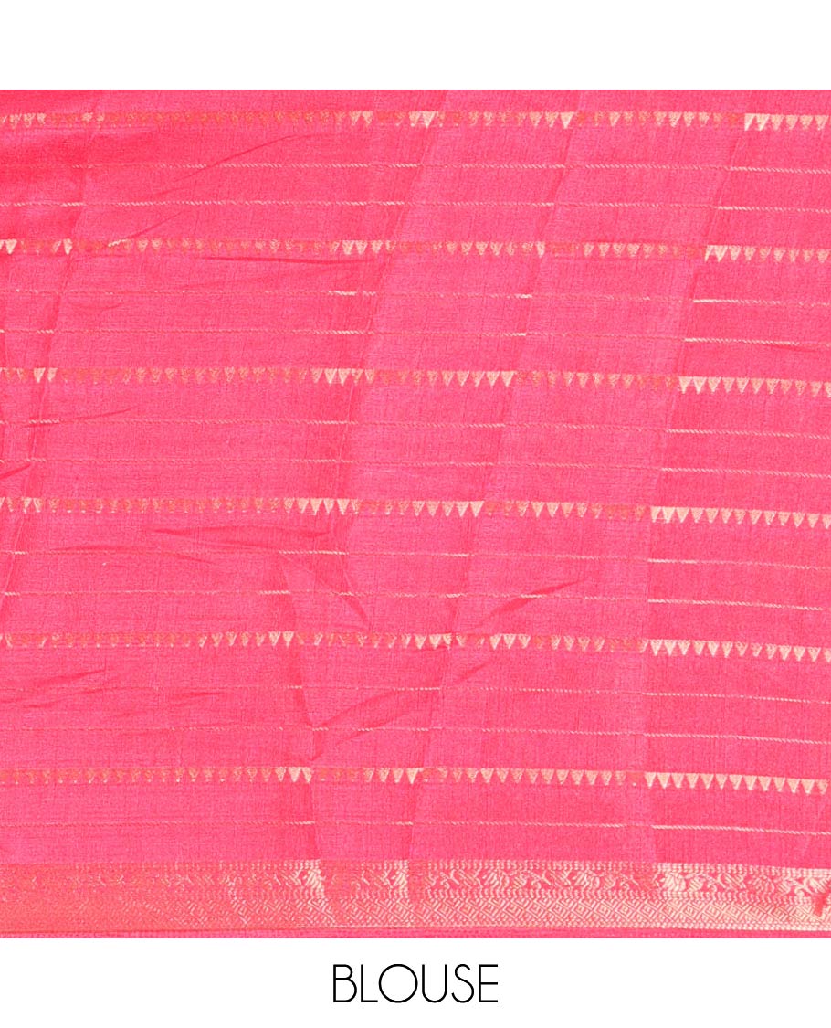 Cream Moss Chiffon Saree Embellished with Zari Stripes and Temple Designs, Complemented by a Contrast Traditional Zari Border of Parrot Motifs, Pallu Accentuated with Colorful Stripes, and Paired with a Contrast Blouse