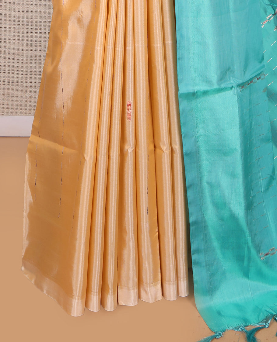 Borderless Sandal Banana Pith Saree, Woven with Stripes and Buttas, Complemented by a Contrast Pallu of Stripes and Buttas, and a Contrast Blouse