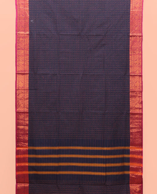 Navy Blue Nine-Yard Cotton Saree, Enriched with Butta Enclosed Checked Design on Its Body, Complemented by a Contrast Traditional Zari Border, Striped Pallu, and Comes Without a Blouse