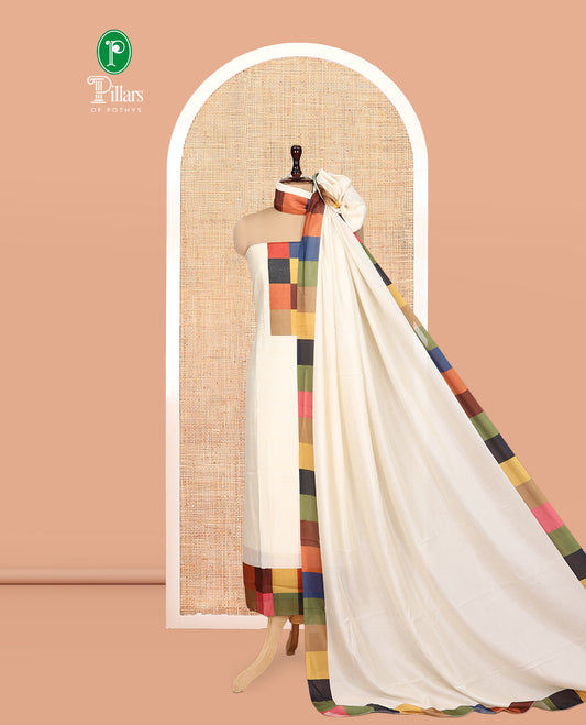 Cream Semi-Silk Material Churidar, Adorned with Multi-Color Checked Top, a Plain Bottom, a Checked Bordered Plain Dupatta