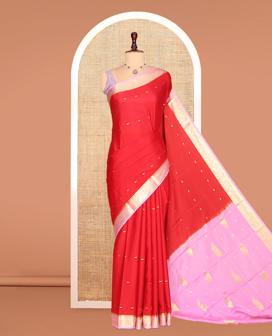 Red Zari Buttas Mysore Silk Saree, Complemented by a Contrast Traditional Zari Border, Zari Design Pallu, and a Contrast Blouse