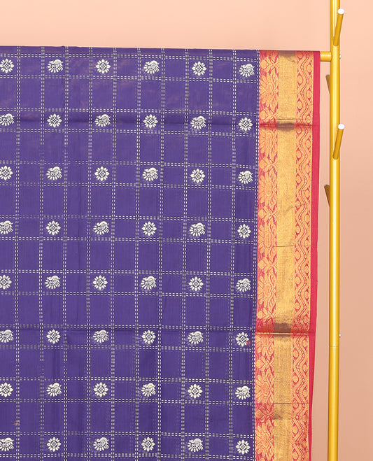Violet Venkatagiri Cotton Saree, Ornamented with Butta Enclosed Checks, a Traditional Zari Border, a Floral-Print Pallu, and No Blouse