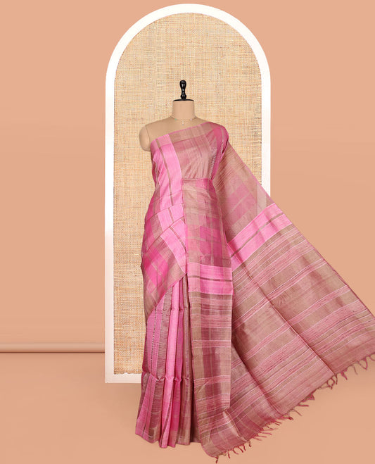 Borderless Pink Checked Tussar Silk Saree, a Self-Pallu, and a Matching Blouse