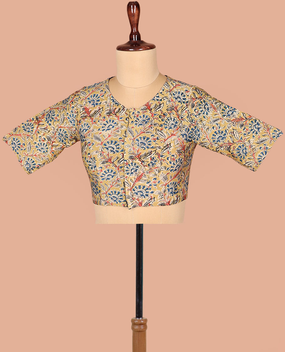 Yellow Readymade Blouse Beautified with Kalamkari Floral Vine Print, Featuring Front Round-Neck, Back Closed Neck, and Elbow Sleeves