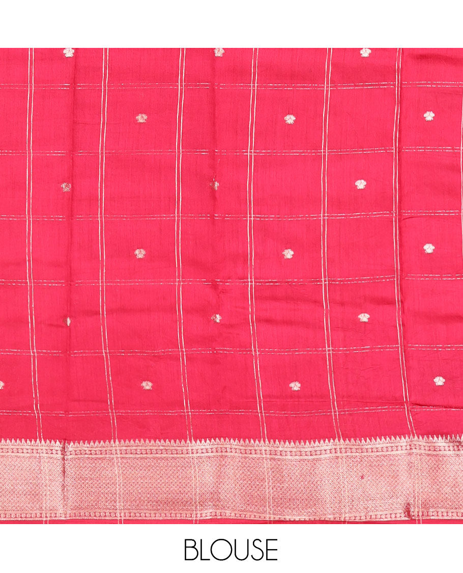 Green Assam Silk Saree, Beautified with Zari Butta Enclosed Checks, Complemented by a Contrast Zari Buttas Woven Border, Zari-Striped Pallu, and a Contrast Blouse