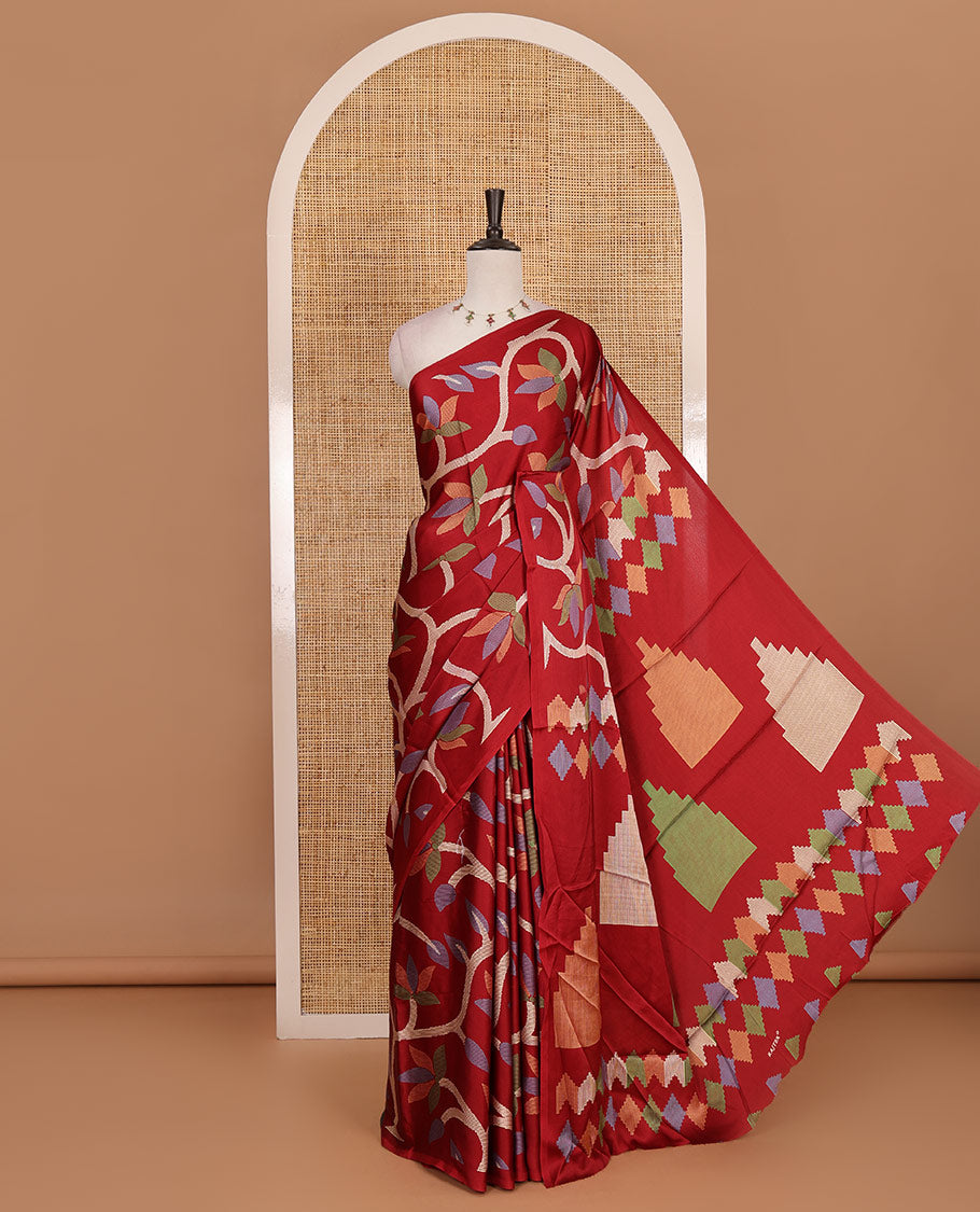 Borderless maroon jamdani weaving design gajji silk saree and  jamdani design self pallu along with printed blouse