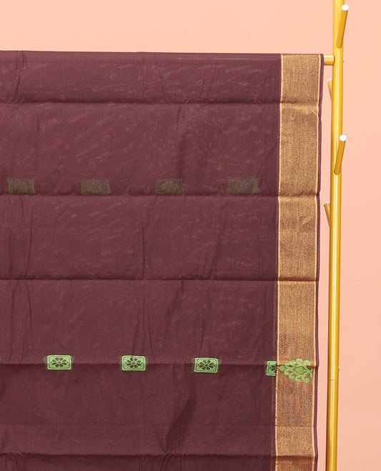Brown Kanchi Cotton Saree, Detailed with Buttas All Over Its Body, Complemented by Contrast Border, Pallu of Geometric Designs, and Paired with a Matching Blouse