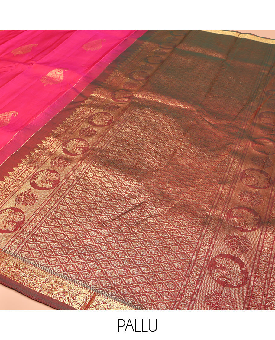Pink Kanchipuram Silk Saree, Elevated with Manga Buttas All Over Its Body, Complemented by Contrast Border of Salngai, Diamond, and Manga Designs, Pallu of Jaal Design, and Paired with a Contrast Blouse