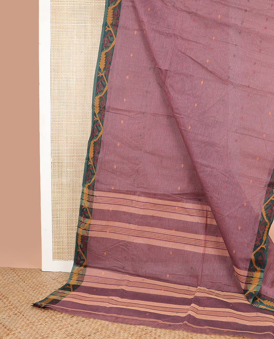 Mauve floral motifs bengal cotton saree with contrast floral zari design border & striped, floral design pallu