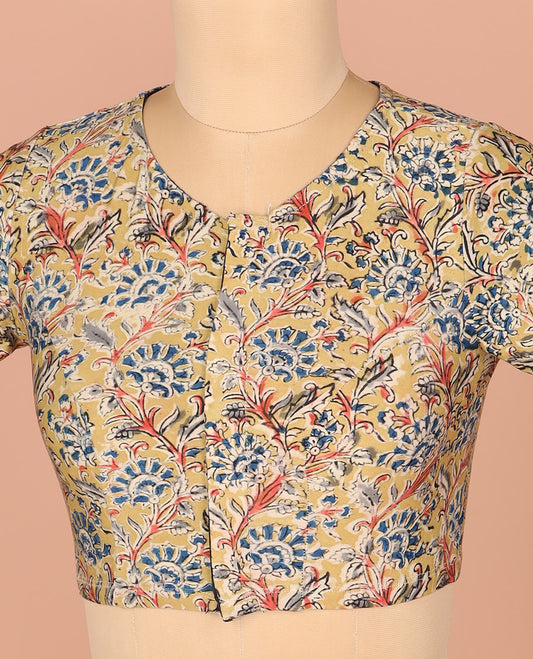 Yellow Readymade Blouse Beautified with Kalamkari Floral Vine Print, Featuring Front Round-Neck, Back Closed Neck, and Elbow Sleeves