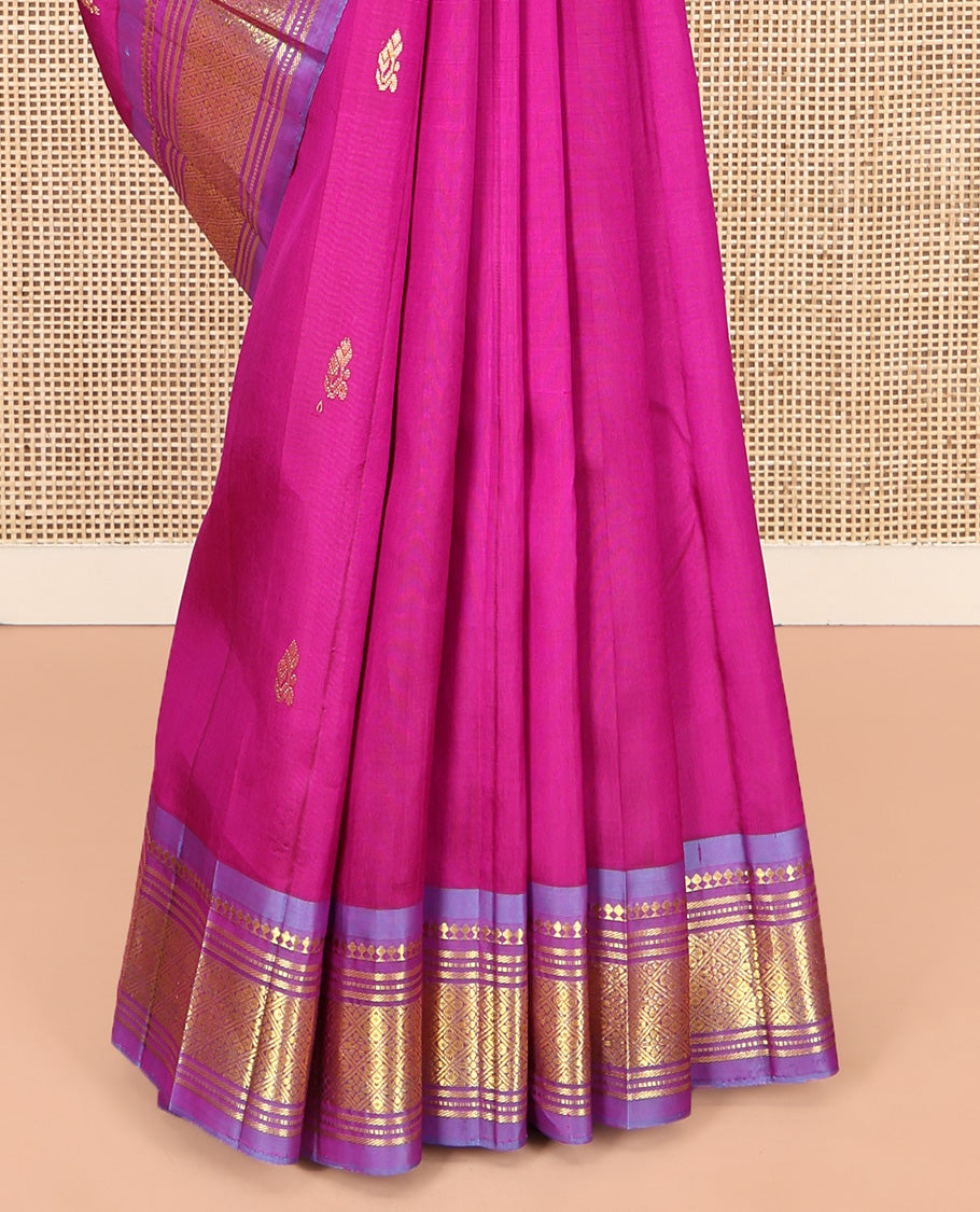 Pink Kanchipuram Silk Saree Featuring Zari Buttas, Complemented by a Contrast One-Sided Border of Panner Sombu, Banaras, Muthu, and Jaal Designs, Grand Pallu, and No Blouse