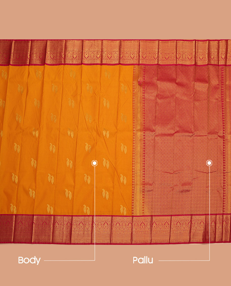 Orange Budget Silk Saree, Embellished with Zari Buttas, Complemented by Contrast Traditional Zari Border, Grand Pallu, and a Contrast Blouse