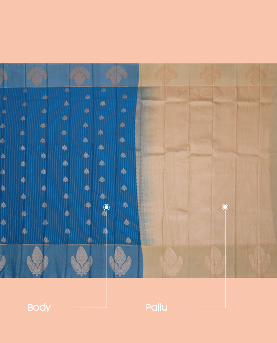 Blue Budget Silk Saree, Subtly Sparkled with Zari Buttas and Stripes, Complemented by a Contrast Zari Motif Border, Intricate Pallu, and a Contrast Blouse