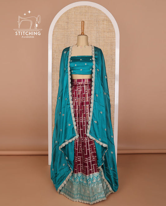 Maroon geometric design banaras half saree with contrast intricate zari design border, embroidered blouse & floral embroidery dhavani
