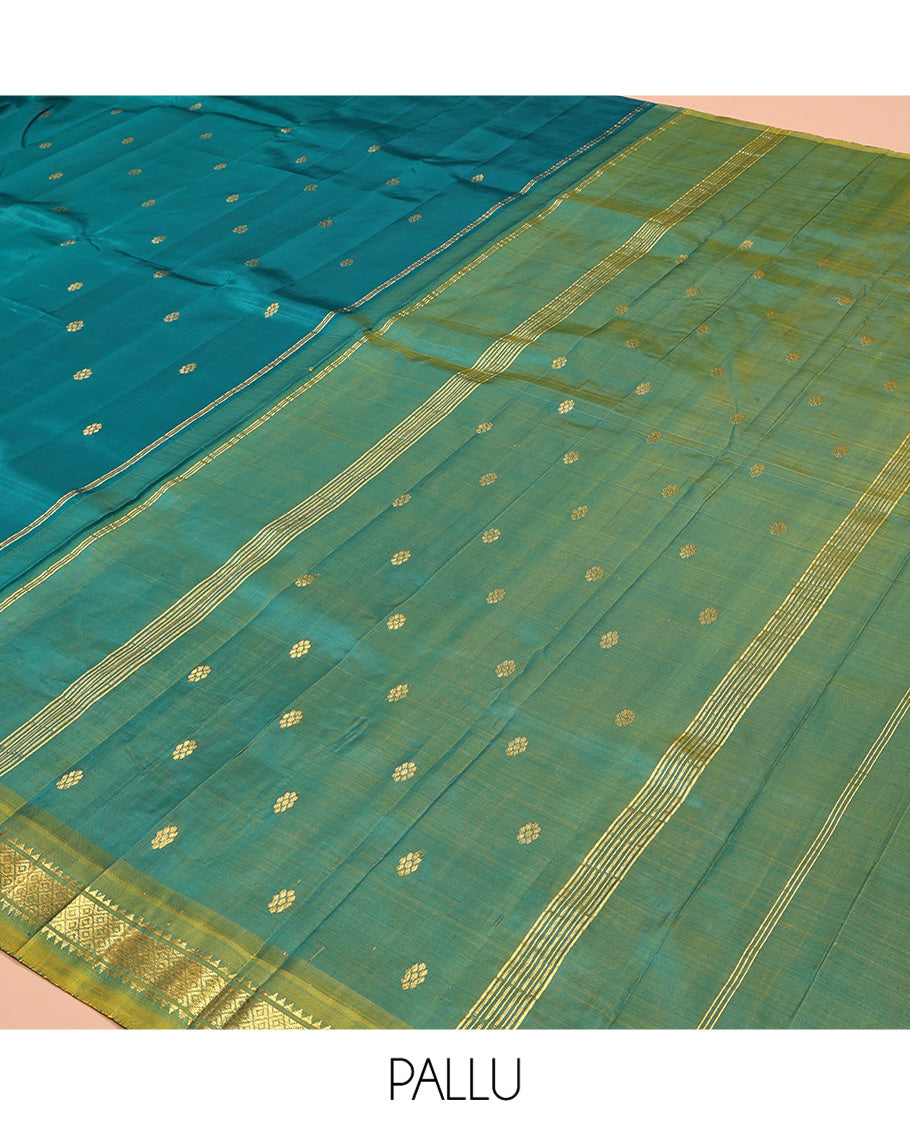 Green Kanchipuram Silk Saree, Woven with Zari Buttas, Contrast One-Sided Korvai Border of Rekku and Mayil Kann Designs, Zari Design Pallu, and No Blouse